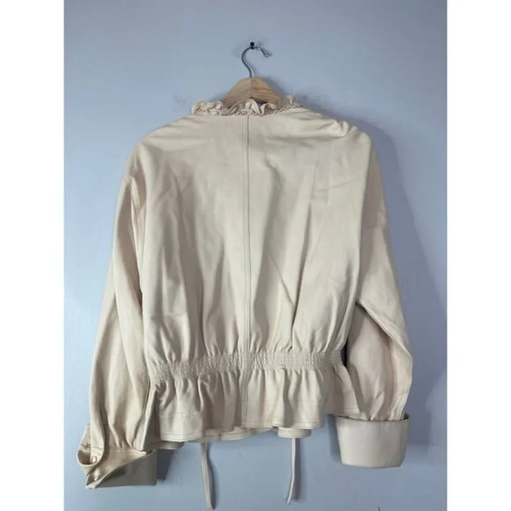 NEW Rebecca Taylor Long Sleeve Straw Smocked Waist Leather Blouse Top Cream - Picture 6 of 7